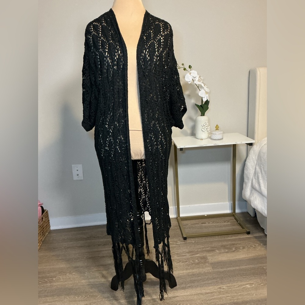 Black Crochet Long Cardigan